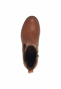 Bottines en cuir marron avec un bout arrondi, fermeture éclair sur le côté, surface texturée et doublure intérieure douce.