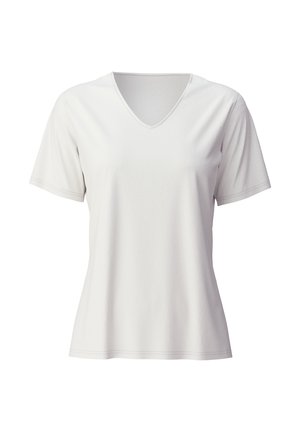 Short-sleeve white V-neck T-shirt made of cotton. Smooth texture with minimal stitching accents and a relaxed fit.