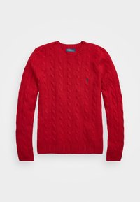 Pull rouge en maille torsadée avec un col rond, des poignets et un ourlet côtelés, agrémenté d'un petit logo sur la poitrine. Confectionné en tissu maille texturé.