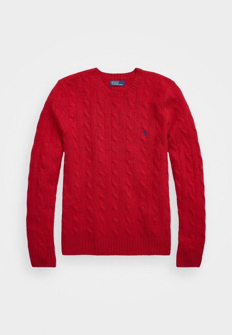 Pull rouge en maille torsadée avec un col rond, des poignets et un ourlet côtelés, agrémenté d'un petit logo sur la poitrine. Confectionné en tissu maille texturé.