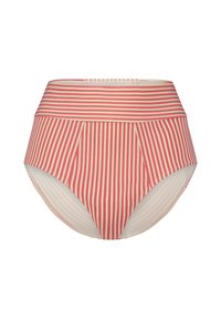 Bikiny s vysokým pasem se svislými červenými a krémovými pruhy, s hladkým pasem a elegantními záhyby po stranách.