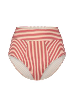 Bas de bikini taille haute avec des rayures verticales rouges et crème, présentant une taille lisse et d'élégants plis sur les côtés.
