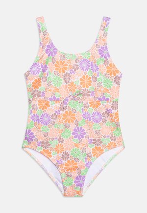 Maillot de bain une pièce avec un motif floral en orange, vert, violet et marron. En matière extensible avec un design classique à encolure ronde.