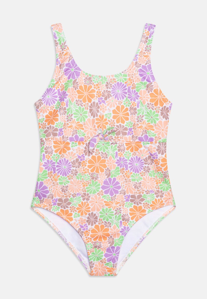 Maillot de bain une pièce avec un motif floral en orange, vert, violet et marron. En matière extensible avec un design classique à encolure ronde.