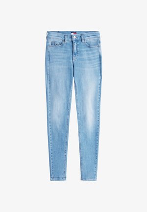 Jean denim bleu clair, coupe slim, légèrement délavé sur l'avant des cuisses, cinq poches, fermeture par bouton à la taille.