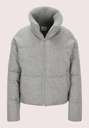 Gray puffer jacket with a ribbed high collar, front zipper, and quilted texture. Features a tailored cut and long sleeves.