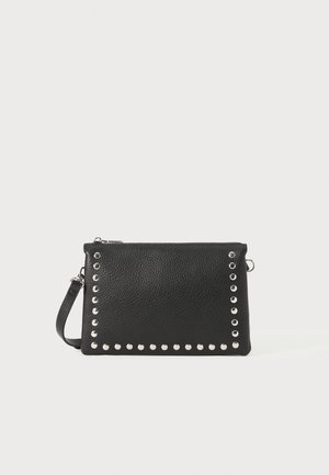 Black leather clutch with textured surface, featuring silver studs along one edge and a detachable strap for versatile carrying options.