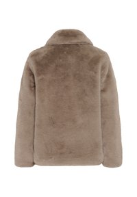 Veste en fausse fourrure marron avec manches longues et un col court et large vue de dos sur fond blanc.