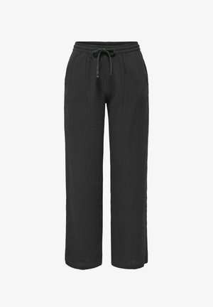 Černé široké kalhoty s elastickým pasem a šňůrkou, vyrobené z texturované lehké látky.