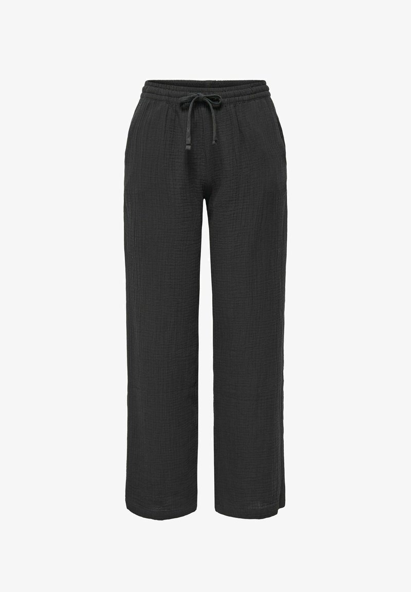 Pantalon noir à jambes larges avec ceinture élastique et cordon de serrage, fabriqué en tissu texturé léger.