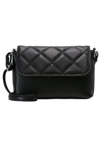 Borsa a tracolla nera in pelle trapuntata con chiusura a patta, tracolla regolabile e texture liscia. Forma rettangolare compatta con design elegante.