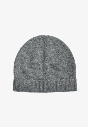 Grijze gebreide beanie met een geribde omslag, zachte textuur en een naadloze bovenkant. Het materiaal lijkt dik en warm te zijn voor koud weer.