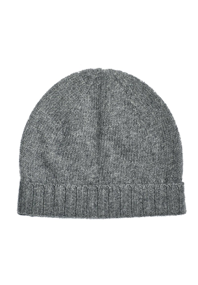 Gray knitted beanie with a ribbed cuff, soft texture, and a seamless top. The material appears thick and warm for cold weather.