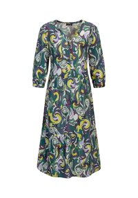 Effen jurk met een groene, paarse, gele en witte draaiende ontwerp, met een v-halslijn en driekwart mouwen.