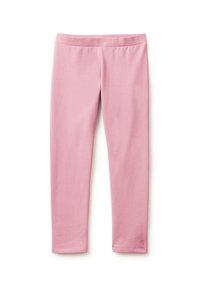 Růžové legíny vyrobené z hladké, elastické látky. Mají jednoduchý design s elastickým pasem a žádné viditelné vzory nebo akcenty.