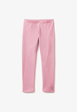 Leggings rosas hechos de una tela suave y elástica. Presentan un diseño simple con una cinturilla elástica y sin patrones ni acentos visibles.