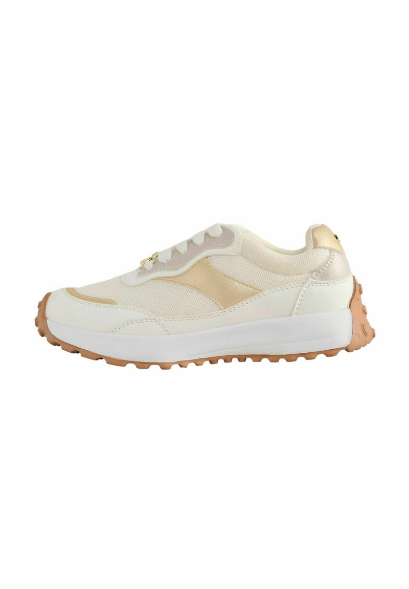 Weiß-beige Sneaker aus Netzstoff mit glatten Lederakzenten, runder Zehenpartie, gepolsterter Zunge und strukturierter Gummisohle.