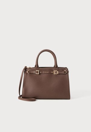 Brown textured leather handbag with gold hardware, dual top handles, and detachable crossbody strap; includes logo embellishment on front.