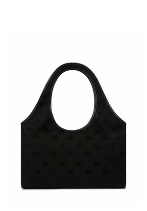 Petit sac à main noir avec des poignées arrondies et un motif embossé subtil, présenté sur fond blanc.