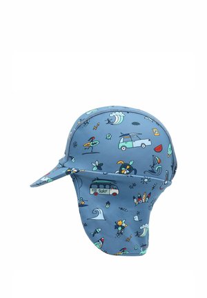 Blauer Sonnenhut mit Nackenschutz, verziert mit bunten Illustrationen von Surfen, Wellen, Autos, Blumen und einer Meeresschildkröte.