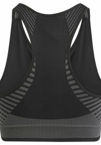 Svart sportbh med racerback-design, texturerad tyg och grårandiga detaljer på baksidan och nederbandet.
