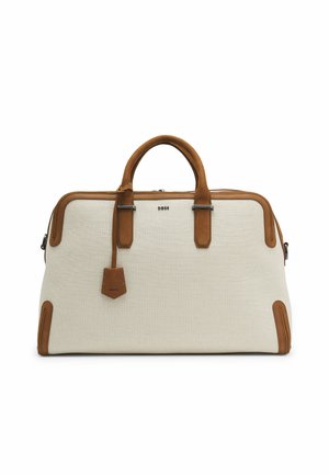 Beige fabric travel bag with brown leather handles, trim, and tag, featuring the "BOSS" logo on front and tag.