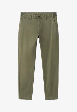 Olivengrønne bukser lavet af bomuld med en glat tekstur, der har forlommer, lynlås og knaplukning. Skræddersyet pasform med rene linjer.