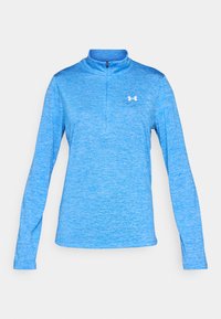 Blaues langärmliges Sporthemd mit einem Viertelreißverschlusskragen, aus strukturiertem Material, mit einem kleinen weißen Logo auf der Brust.