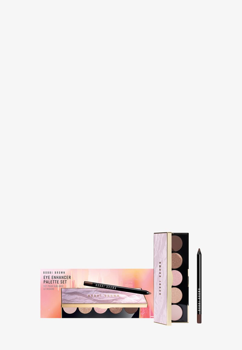 Bobbi Brown Eye Enhancer Palette-sett med fem nøytrale øyenskyggefarger og en sort eyeliner, vist foran emballasjen.