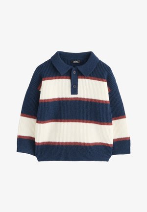 Pull en maille côtelée à rayures bleu marine, blanc et rouille, avec col et patte de boutonnage à deux boutons, manches longues et coupe régulière.