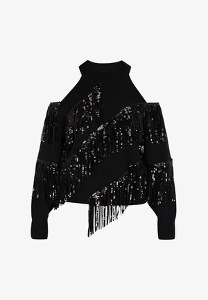 Maglione nera a maglia con collo alto e spalle scoperte, decorato con file diagonali di frange di paillettes sul davanti e sulle maniche.