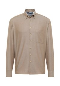 Beige langærmet skjorte med knapper og krave, med en enkelt brystlomme og små brune knapper foran. Tekstureret stof.