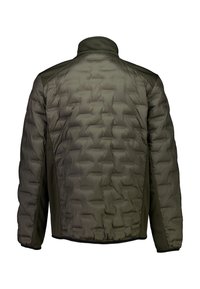 Olivgrön puffjacka med kviltat mönster, hög krage och mesh-sidopaneler för ventilation, med elastiska ärmslut och nederkant.