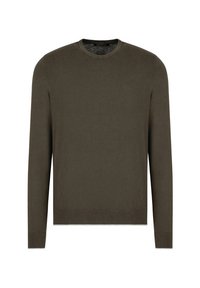 Maglione leggero color verde oliva a maglia con scollatura rotonda e maniche lunghe. Caratterizzato da un logo discreto sul petto e polsini a coste.