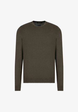 Maglione leggero color verde oliva a maglia con scollatura rotonda e maniche lunghe. Caratterizzato da un logo discreto sul petto e polsini a coste.