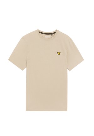 Beige Baumwoll-T-Shirt mit kurzen Ärmeln, rundem Ausschnitt und einem kleinen gelben gestickten Logo auf der linken Brust. Schlichtes Design, weiche Textur.