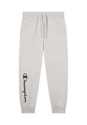 Grijze fleece joggers met een elastische tailleband, trekkoord en een zwart "Champion"-logo op het linkerbeen. Omgeslagen zoom bij de enkels.