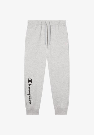Grijze fleece joggers met een elastische tailleband, trekkoord en een zwart "Champion"-logo op het linkerbeen. Omgeslagen zoom bij de enkels.