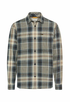 Langschedige geruite blouse in tinten blauw, crème en oranje. Voorzien van een button-down kraag, twee borstzakken en zwarte knopen.