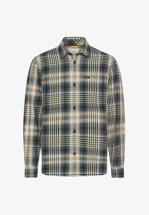 Langärmliges Karohemd in Blau-, Creme- und Orangetönen. Verfügt über einen Button-Down-Kragen, zwei Brusttaschen und schwarze Knöpfe.