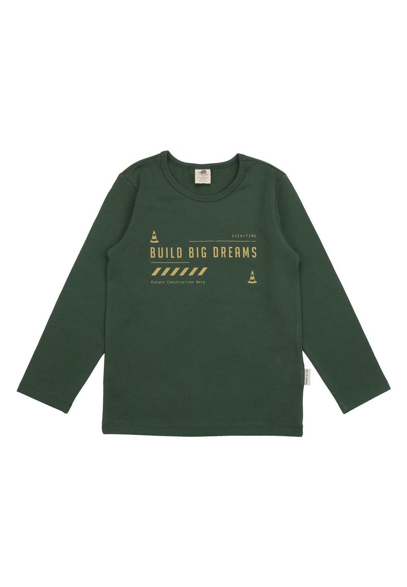 Grünes Langarmhemd aus weichem Material mit goldener Schrift: "GROßE TRÄUME BAUEN" mit Bau-Motiven und Streifen.