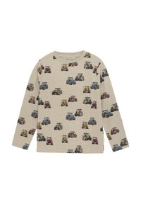 Beige Langarmshirt mit einem wiederholten Traktordruck in Grün, Blau, Rot und Gelb. Aus weichem Baumwollmaterial gefertigt.