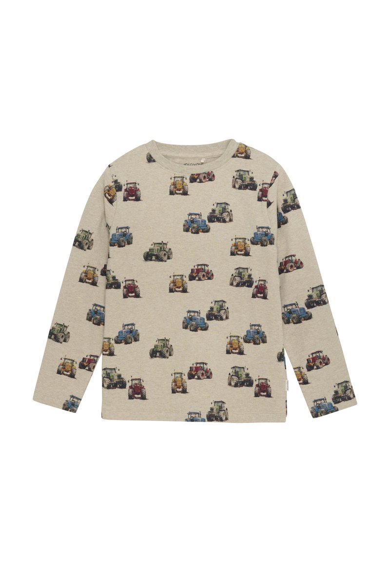 Beige Langarmshirt mit einem wiederholten Traktordruck in Grün, Blau, Rot und Gelb. Aus weichem Baumwollmaterial gefertigt.