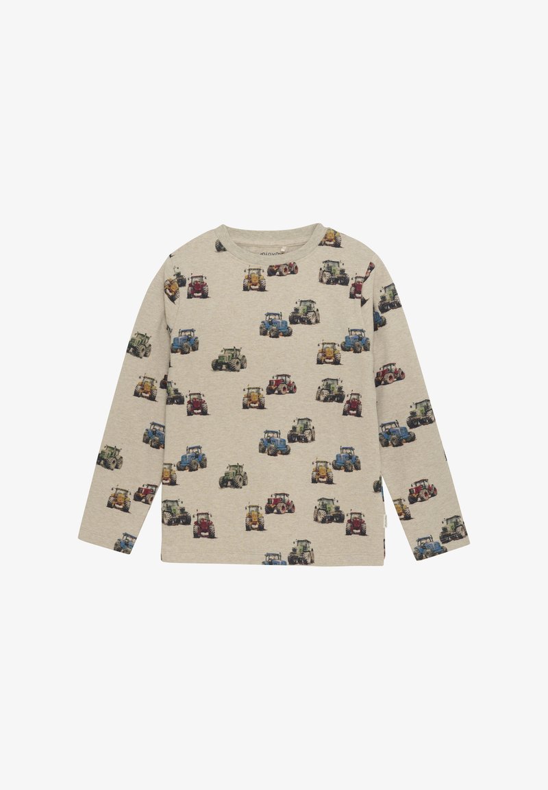 Beige Langarmshirt mit einem wiederholten Traktordruck in Grün, Blau, Rot und Gelb. Aus weichem Baumwollmaterial gefertigt.