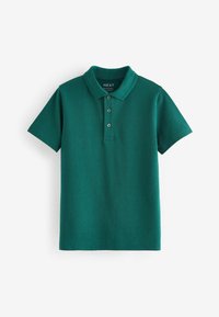 Polo verde hecho de tela texturizada con una tapeta de tres botones y un cuello clásico. Manga corta y dobladillo recto.