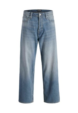 Lichtblauwe denim jeans met een relaxte pasvorm en wijde pijpen. Beschikt over een klassieke vijf-pocketontwerp en contrasterende stikseldetails.
