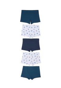 Cinque paia di boxer: blu scuro, azzurro a quadri e con piccoli motivi stampati. Tessuto di cotone, lunghezza fino a metà coscia.