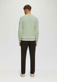 Minzgrüner Pullover mit langen Ärmeln, gerippten Bündchen und Rundhalsausschnitt; kombiniert mit dunkelbraunen Hosen und hellen Sneakers.