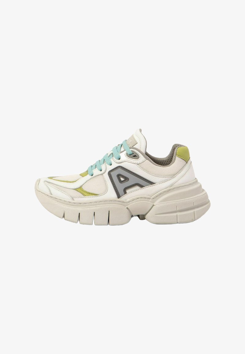 White sneaker with green and gray accents, mesh and synthetic materials, thick sole, padded collar, and light blue laces.