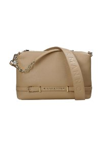Borsa a tracolla in pelle beige con forma strutturata, hardware dorato, catena e tracolla removibili, logo in rilievo e chiusura con zipper.